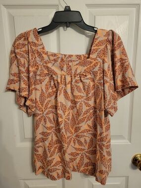 Eco Threads Peach Printed Flutter-Sleeve Square Neck Blouse